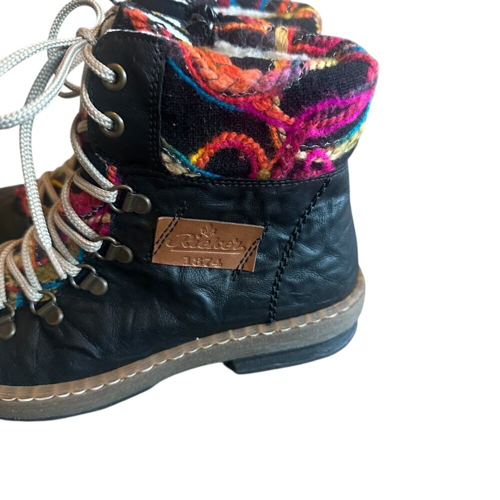 Rieker Black Leather Lace-Up Ankle Boots with Colorful Knit Cuff - Picture 2 of 12
